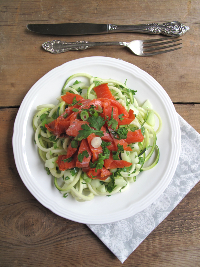 AIP / Paleo Smoked Salmon Salad with Zucchini Noodles - A Squirrel in the Kitchen