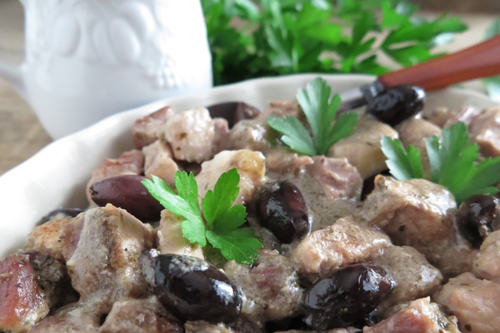 Slow Cooked Pork Belly with Black Olives and Garlic (Paleo, AIP, dairy-free)