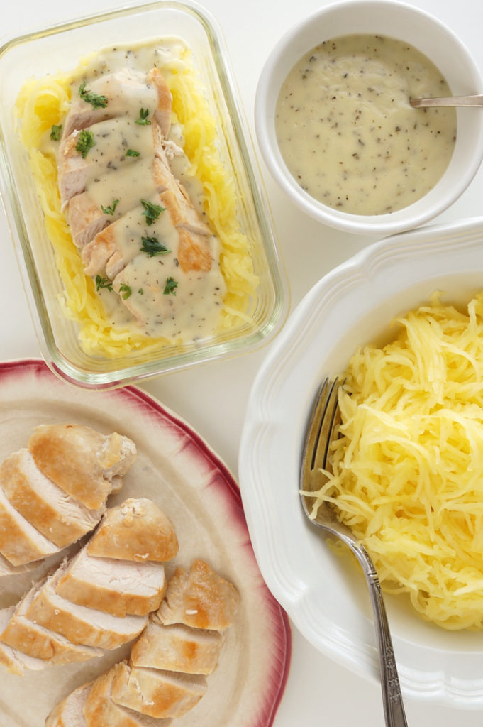 Serve this homemade AIP Alfredo sauce with spaghetti squash noodles and tender chicken breasts for a quick and easy AIP meal!