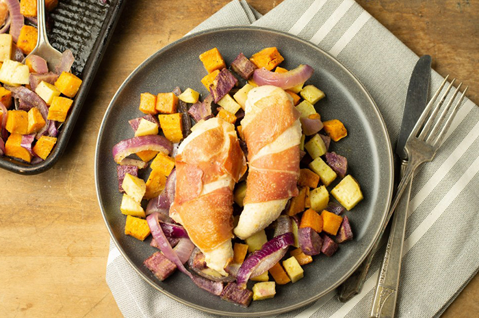 Prosciutto Chicken and Sweet Potatoes - Sheet pan recipe