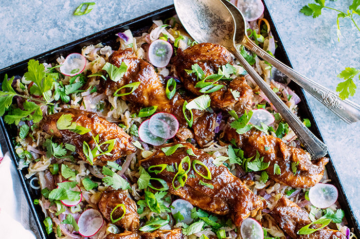 Sticky BBQ Chicken with Roasted Slaw - Sheet pan recipe