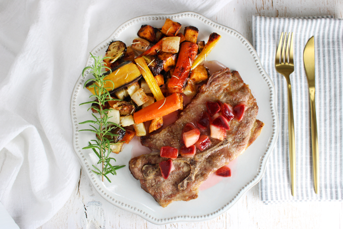 Sheet Pan Pork Chops and Veggies with Plum Compote