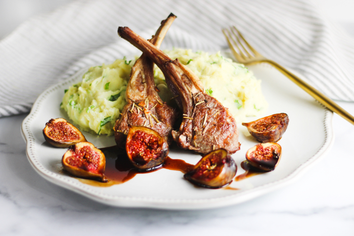 Lamb Chops and Roasted Figs with Balsamic Mint sauce and Savory “Mashed Potatoes”
